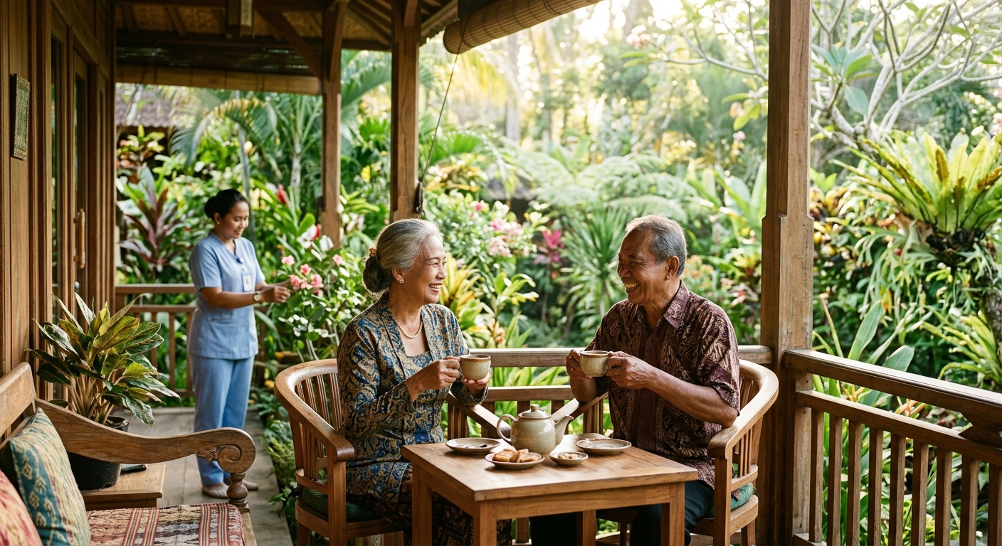 Smiling elderly residents enjoying morning tea in sunlit garden with nurse at Serena Living Jakarta